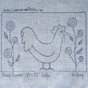 Puede incluir: Un dibujo en blanco y negro de un gallo con cresta y barbillas rojas, rodeado de flores estilizadas. El texto "Proud Rooster 14 x 20" LBL" y "H. Perry" es visible debajo de la imagen.