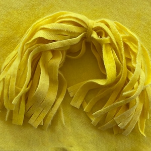 May include: A bundle of yellow felt strips with frayed edges. The strips are tied together at the top, creating a loose, flowing shape.