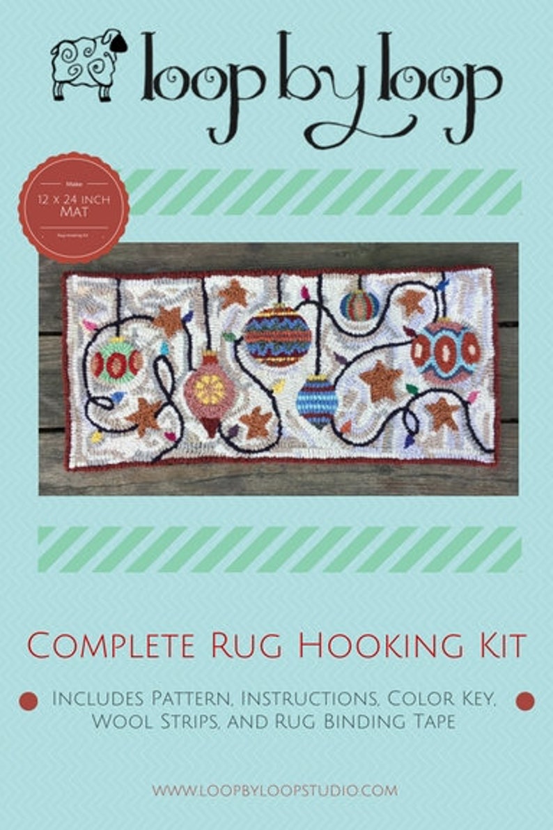 Rug Hooking Kit 100% Wool DIY Rug Hook Kit Festive Ornaments Complete 12 x 24 Fiber Art Kit on Your Choice of Foundation Fiber Art image 3