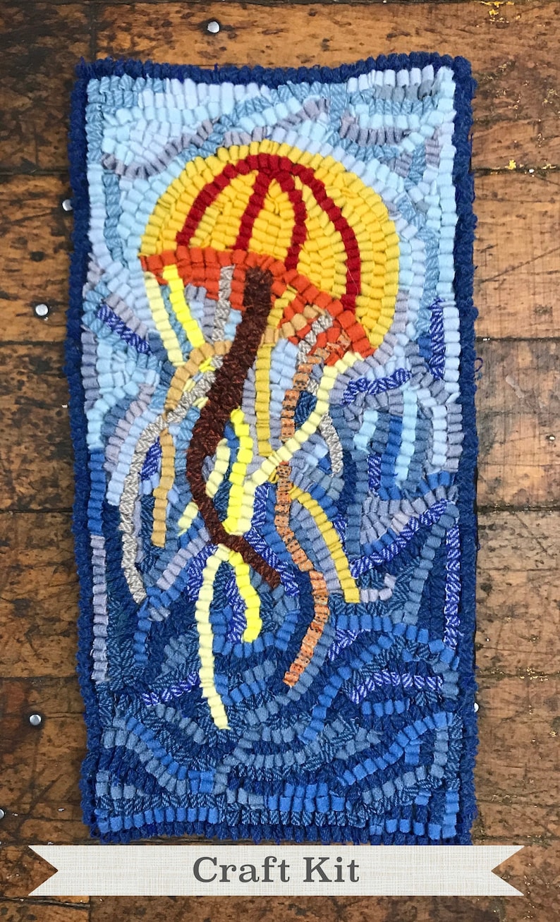Rug Hooking Kit - The Jellyfish Complete 8 by 15.5 inch Primitiv Rug Hooking Kit - The Jellyfish Complete 8 by 15.5 inch Primitiv