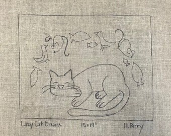 Cat Dreams Rug Hooking Pattern: Hand-Drawn 15x19 inch