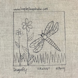 Dragonfly and Flowers  - Original Hand Drawn 11.5 by 11.5 inch Rug Hooking Pattern on Your Choice of Foundation