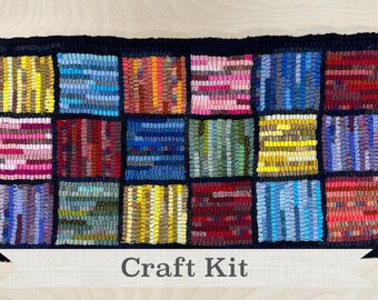 Rainbow Squares Rug Hooking Kit: Beginner Friendly DIY Craft (12x23 inch