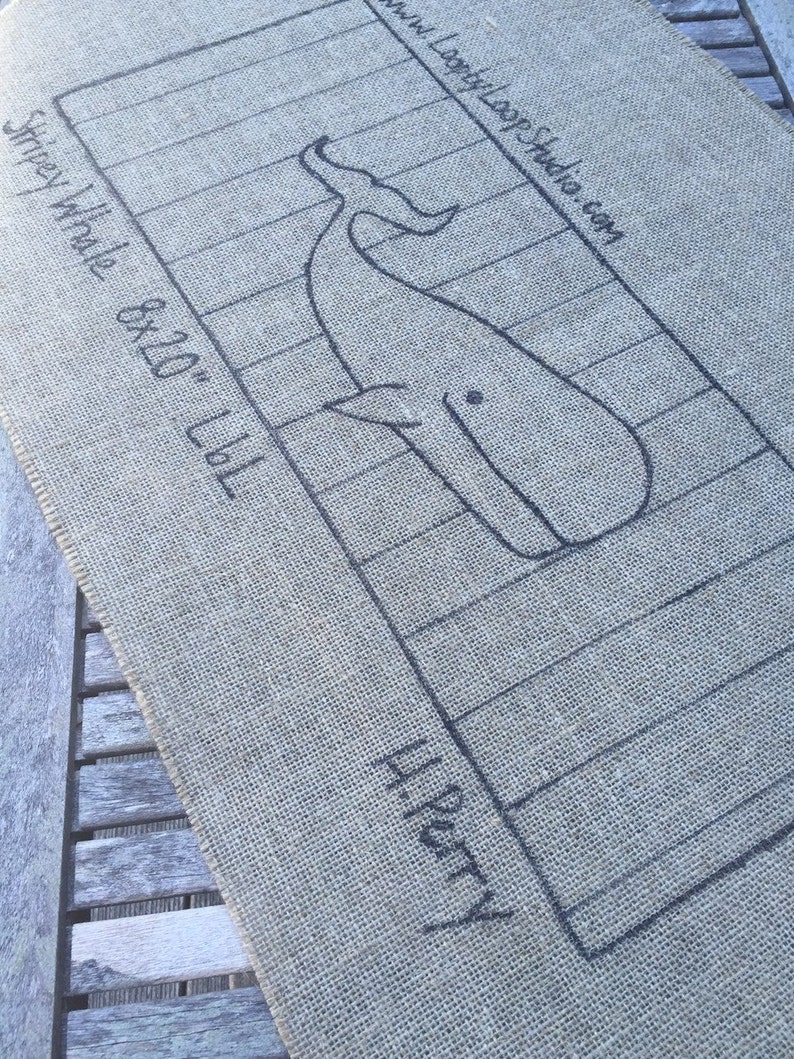 Original Hand Drawn 8 x 20 inch Rug Hooking Pattern on Your Choice of Foundation Stripey Whale