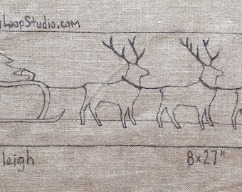 Santa's Sleigh Rug Hooking Pattern: Hand Drawn on Linen (8x27 inch)