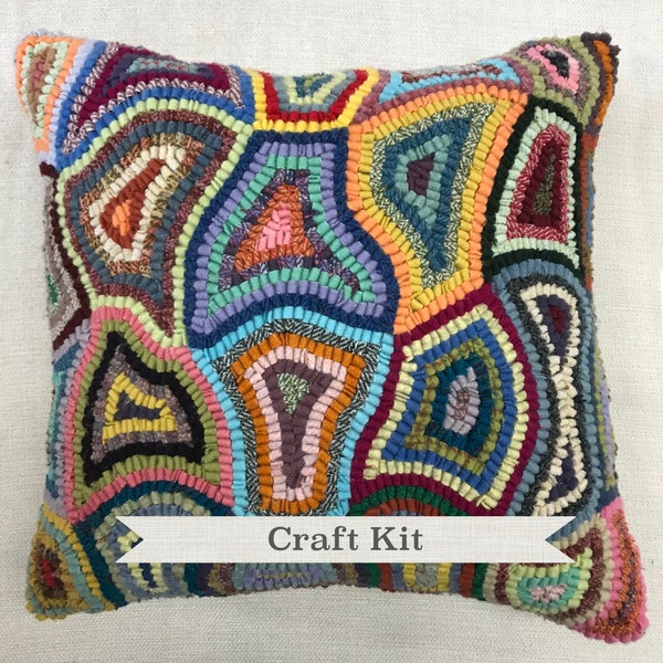 Rug Hooking Kit - Abstract Pillow - Complete 12 by 12 inch Primitive 100% Wool Fiber Art Kit on Your Choice of Foundation