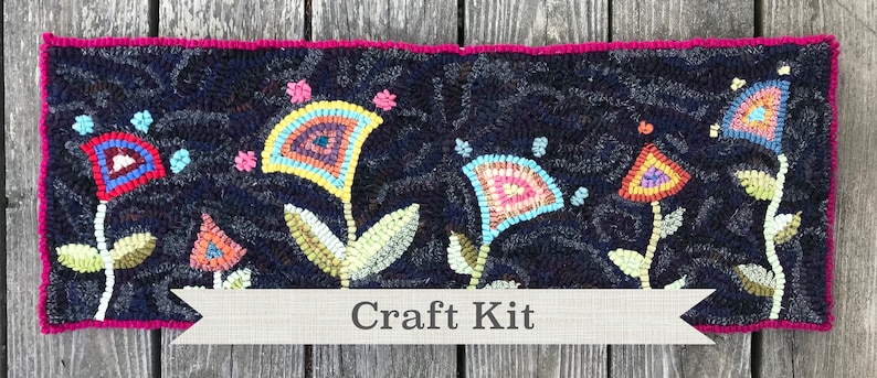 Rug Hooking Kit Make Your Own Kite Flowers Hooked Rug Complete 11 x 29 inch Primitive Rug Hooking Kit image 1