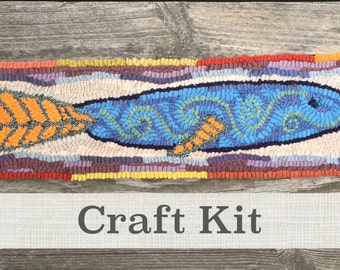 Rug Hooking Kit - DIY Rug Hook KIT - Fabulous Fish Runner Complete 5.5 by 23.5" Primitive Rug Hooking Kit