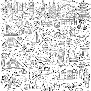 Travel the World Coloring Page Printable | Kids & Adults Travel Landmarks Coloring Sheet | Instant Download PDF | Educational Activity