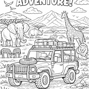 Op de afbeelding: Zwart-wit illustratie met de tekst "TRAVEL ADVENTURE!". Het toont een safari jeep, dieren zoals olifanten, giraffen, zebra's en een leeuw, en een zon. De afbeelding is een kleurplaat.