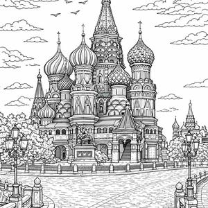Op de afbeelding: Gedetailleerde zwart-wit illustratie van de Basiliuskathedraal in Moskou, Rusland. De iconische uivormige koepels en ingewikkelde architectuur zijn prominent aanwezig. De afbeelding bevat een geplaveide straat, straatlantaarns en een bewolkte lucht.