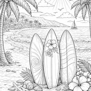 May include: Black and white line art of a beach scene with three surfboards leaning on the sand. Palm trees, ocean waves, and a sailboat are in the background. Seashells, starfish, and tropical flowers are in the foreground.