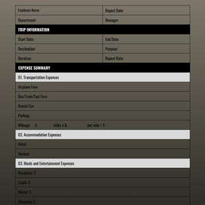 May include: A travel expense report template with a dark gray background and white text. The document includes sections for employee information, trip details, and expense summaries for transportation, accommodation, and meals.