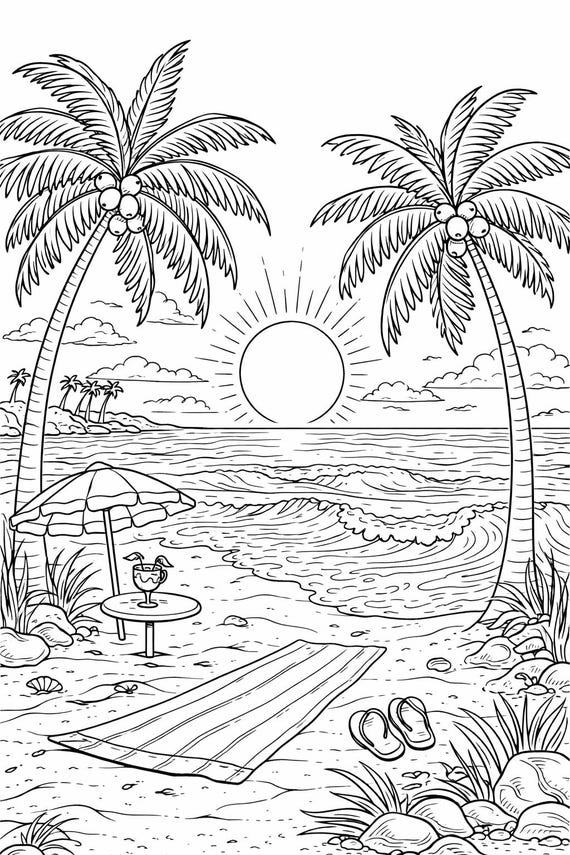 Tropical Beach Coloring Page Printable, Palm Tree Sunset Coloring Sheet, Summer Relaxing Adult Coloring Page, Instant Download PDF