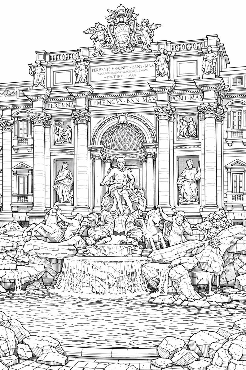Trevi Fountain Coloring Page Printable, Rome Architecture Line Art ...