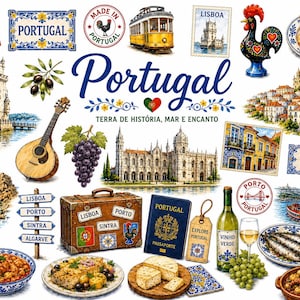 Op de afbeelding: Een collage van Portugese culturele iconen, waaronder de nationale vlag, de Belém-toren, een gele tram, een haan, pastéis de nata, een gitaar, druiven, het Hiëronymietenklooster, een koffer, een paspoort, wijn, sardines en de tekst Portugal.