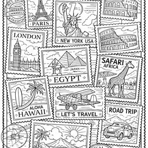 May include: Black and white illustration of travel-themed postage stamps. Stamps depict landmarks like the Eiffel Tower, Statue of Liberty, and Colosseum. Other stamps show airplanes, a compass, and the text "BON VOYAGE!" and "LET'S TRAVEL".