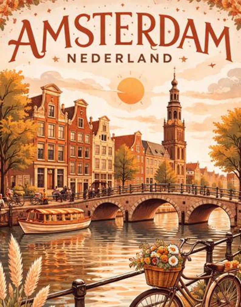 Amsterdam Travel Poster Printable, Vintage Netherlands Wall Art, Canal ...