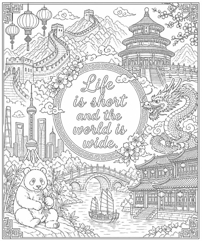 Chinese Color Pages China Coloring Page Printable – Great Wall, Panda, Dragon & Temple ...