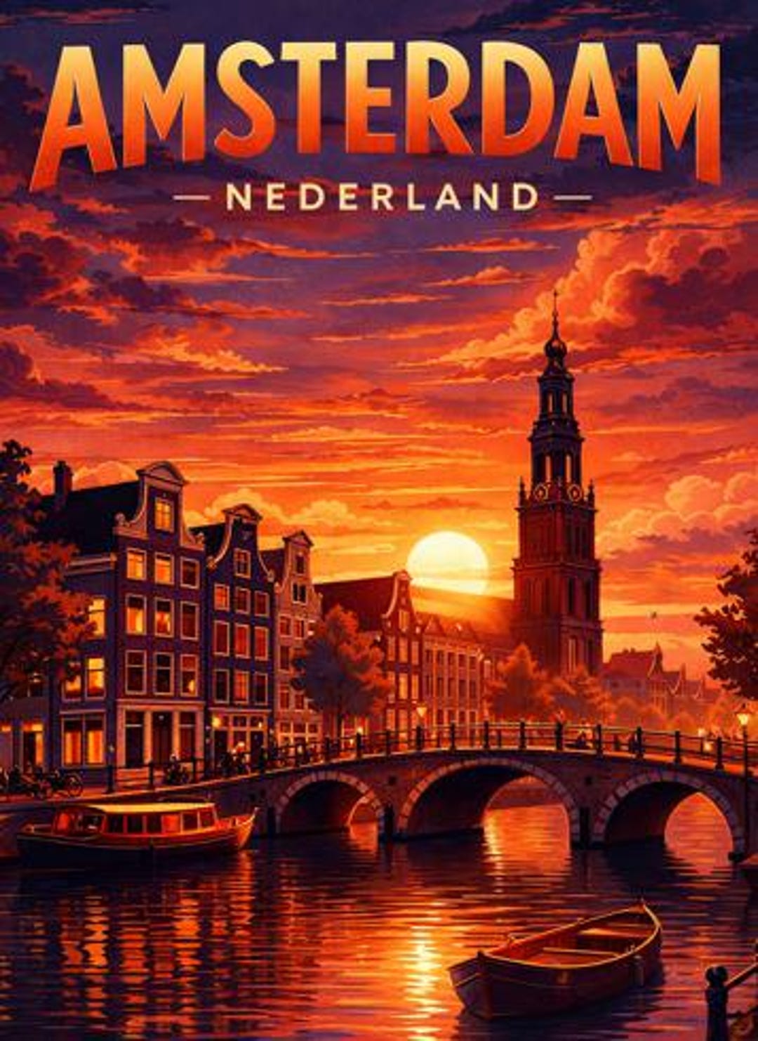 Amsterdam Travel Poster Printable, Netherlands Wall Art, Vintage Sunset ...