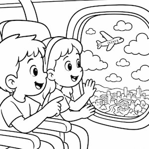 Op de afbeelding: Een zwart-wit kleurplaat met twee kinderen die in vliegtuigstoelen zitten en uit het raam kijken naar een stadslandschap, wolken en een klein vliegtuigje in de lucht. De kinderen glimlachen en wijzen naar het uitzicht.