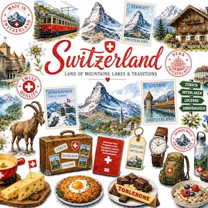 Op de afbeelding: Een collage met Zwitserse afbeeldingen zoals de Matterhorn, een rode trein, een houten chalet, een koe, een bruine koffer, een rood paspoort, een horloge, een zakmes, fondue, kaas, chocolade en de tekst Switzerland Land of Mountains, Lakes & Traditions.