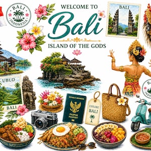 Puede incluir: Una colección de ilustraciones con temática de Bali que incluye la bandera de Indonesia, un templo, flores tropicales, una máscara tradicional, un bailarín, un pasaporte, una cámara, un bolso trenzado, un scooter, una tabla de surf y platos.