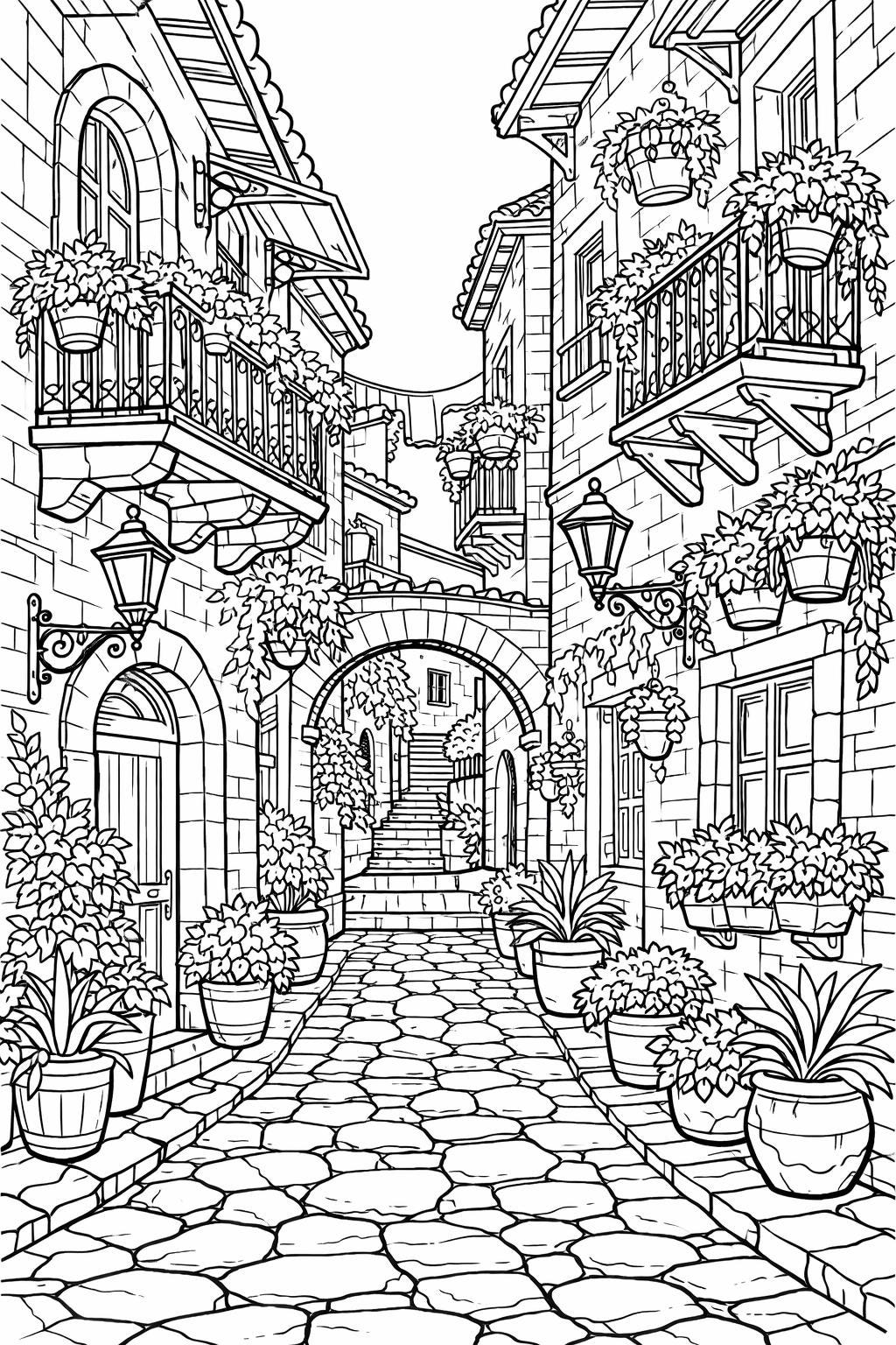 Charming European Alley Coloring Page Printable | Cozy Village Street ...