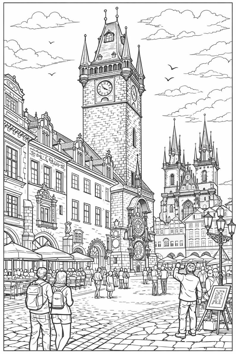 Prague Old Town Coloring Page Printable – European Cityscape Adult ...