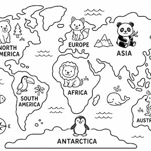 Op de afbeelding: Een zwart-witte wereldkaart kleurplaat met de continenten North America, Europe, Asia, South America, Africa, Australia en Antarctica. Het bevat illustraties van een beer, vos, panda, toekan, leeuw, walvis, kangoeroe en pinguïn.