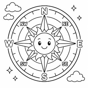 Può includere: Un'illustrazione in bianco e nero a tratto di una rosa dei venti con un sole centrale dal volto sorridente. La bussola include i punti cardinali N, S, E, O e i punti intercardinali NO, NE, SO, SE, circondata da nuvole e stelle.