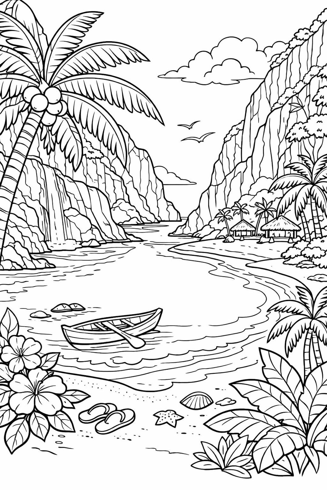 Tropical Beach Coloring Page Printable |island Landscape Line Art ...
