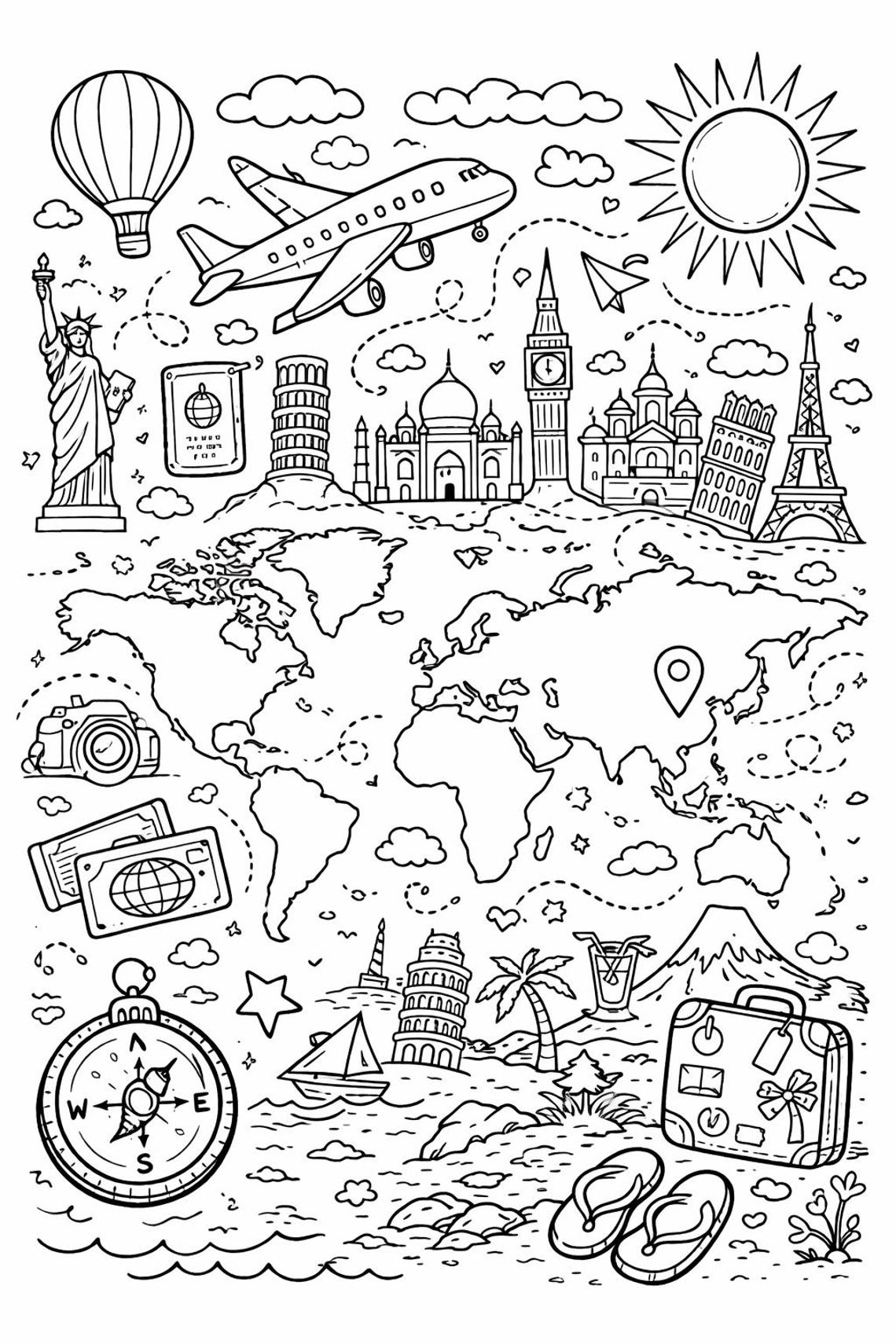 Travel Coloring Page Printable for Kids & Adults | World Landmarks ...