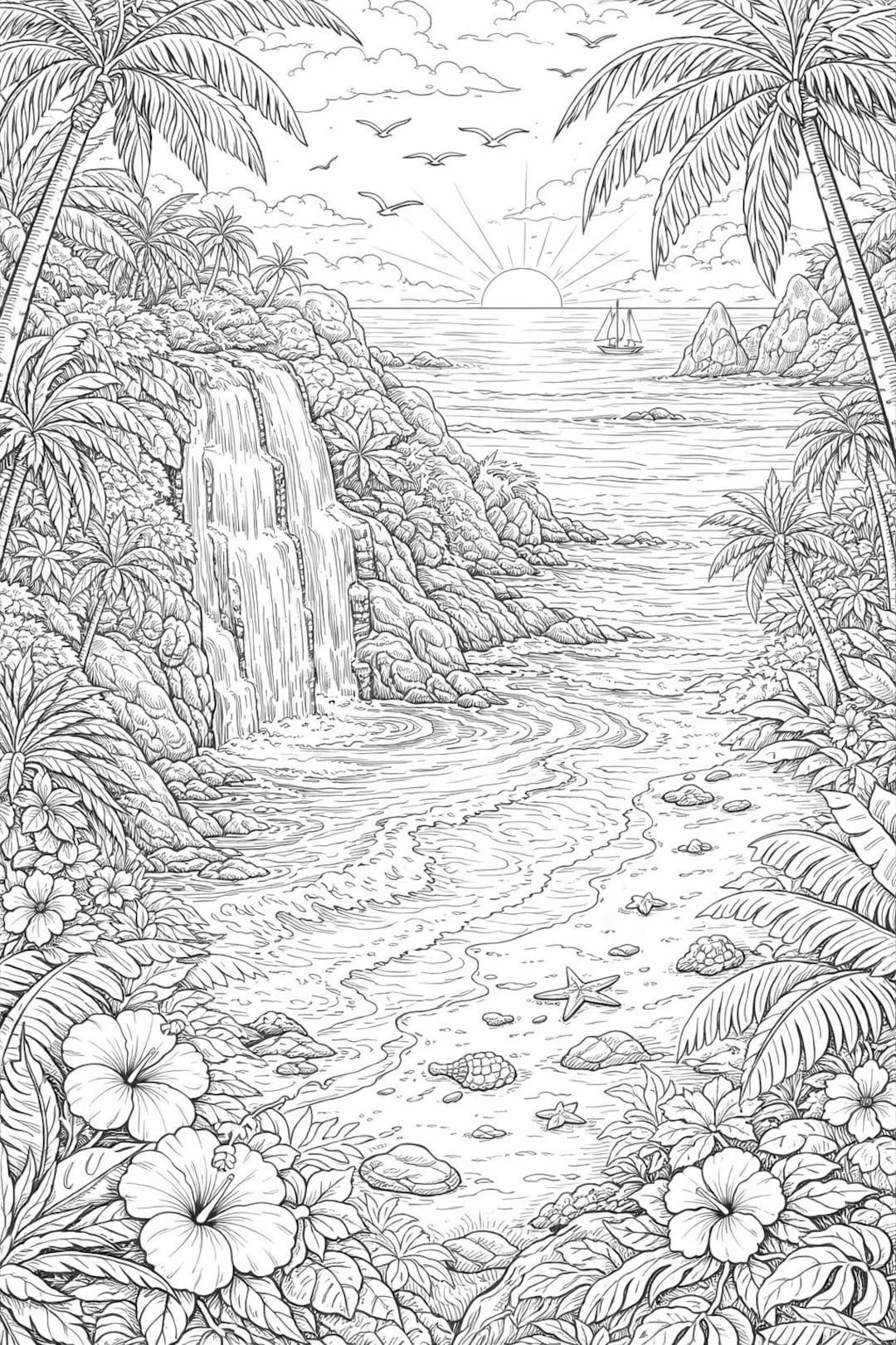 Tropical Beach Coloring Page Printable – Island Waterfall Sunset Scene ...