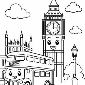 Op de afbeelding: Een zwart-wit kleurplaat met een glimlachende dubbeldekkerbus met het woord LONDON op de voorkant, geplaatst voor een gepersonifieerde Big Ben klokkentoren met een gezicht, een lantaarnpaal en wolken in de lucht.