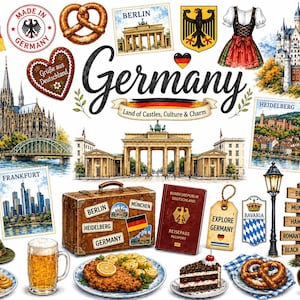 May include: A collage of German cultural icons including the Brandenburg Gate, Neuschwanstein Castle, Cologne Cathedral, a passport, a suitcase with travel stickers, a beer stein, a pretzel, schnitzel, black forest cake, and the text Germany.