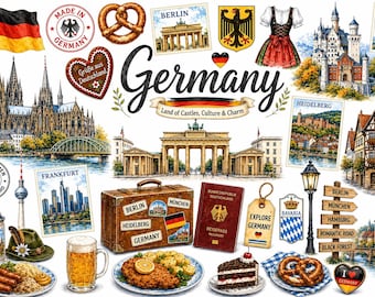 Germany Watercolor Clipart Bundle | German Travel PNG | Berlin, Bavaria, Neuschwanstein Castle, Oktoberfest Clip Art, 300 DPI