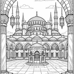 Op de afbeelding: Gedetailleerde zwart-wit lijntekening van een moskee met meerdere koepels, minaretten en gewelfde ingangen. De moskee wordt omgeven door een binnenplaats met decoratieve patronen en hangende lantaarns, geschikt om in te kleuren.