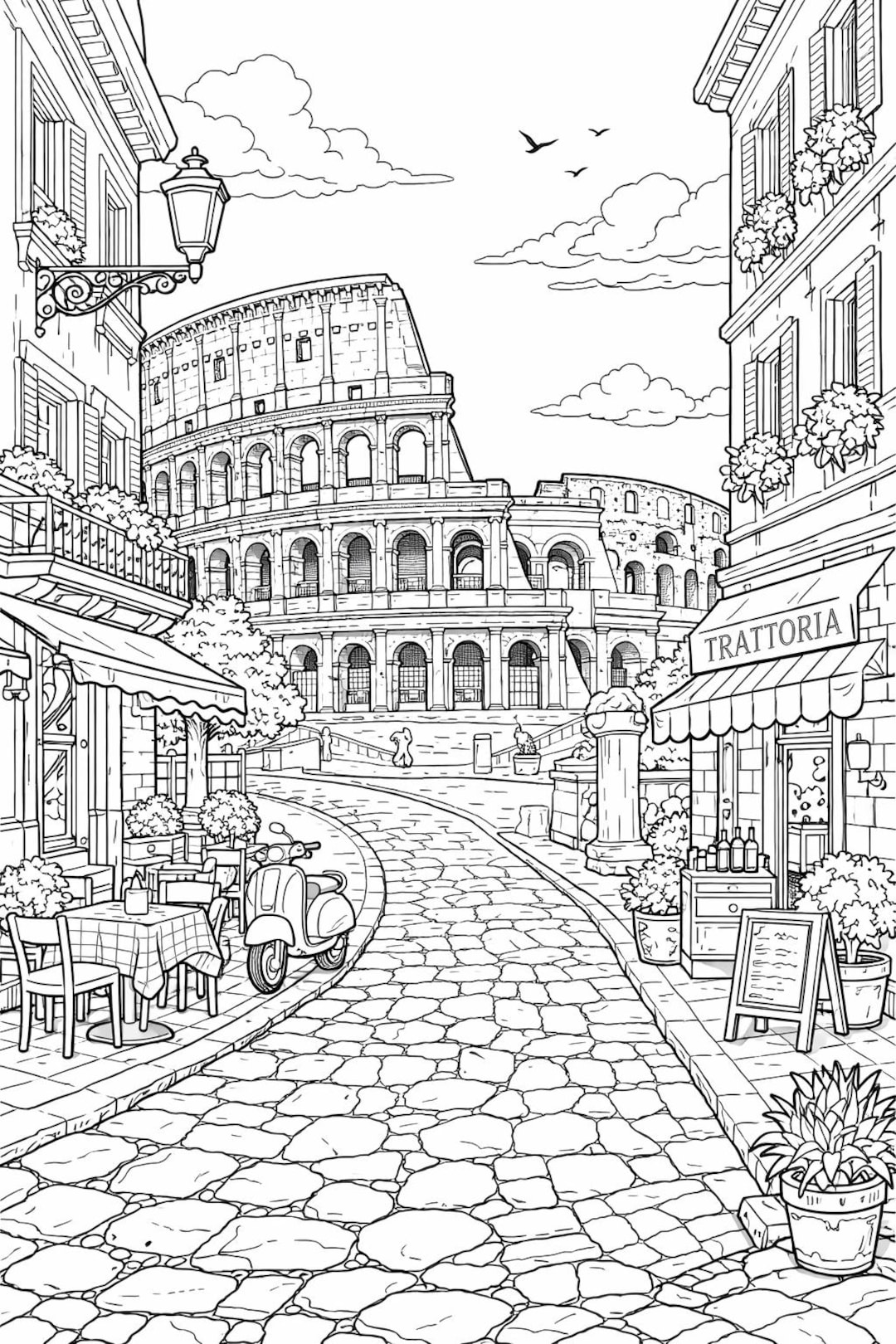 Rome Colosseum Coloring Page Printable – Italian Street Scene Adult ...