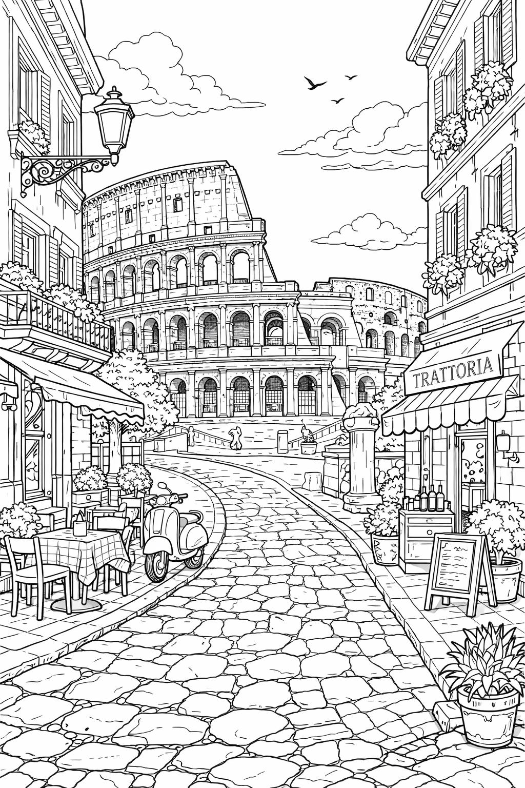 Rome Coloring In Rome Colosseum Coloring Page Printable – Italian Street Scene Adult ...