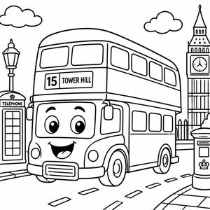 Op de afbeelding: Een zwart-wit kleurplaat met een glimlachende dubbeldekkerbus met de tekst 15 TOWER HILL op de voorzijde. De scène bevat een klassieke telefooncel, een brievenbus en een klokkentoren op de achtergrond onder twee wolken in de lucht.