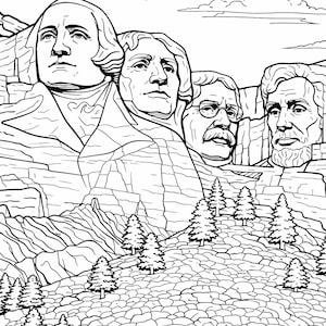 Puede incluir: Dibujo lineal en blanco y negro del Monte Rushmore con los rostros de George Washington, Thomas Jefferson, Theodore Roosevelt y Abraham Lincoln tallados en la montaña. También se ven árboles y nubes.