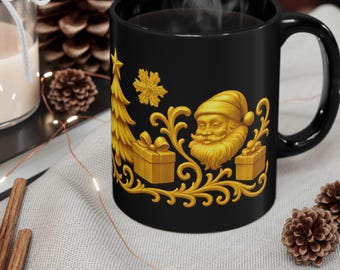 Goldener Weihnachtsbecher mit Rentier und Weihnachtsmann – Luxuriöser schwarzer Keramikbecher mit 3D-Gold-Weihnachtsmotiv – Perfektes festliches Kaffeegeschenk