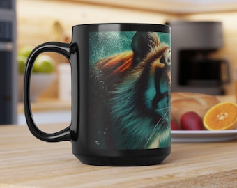 Underwater Tiger Black Ceramic Mug 15oz Glossy Coffee Cup Dishwasher and Microwave Safe BPA Free Sturdy Handle