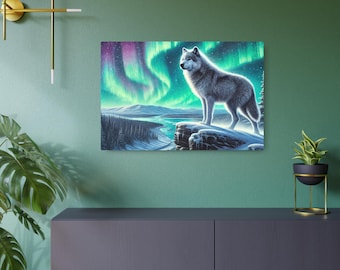 Wolf Aurora Borealis Metal Wall Art Matte Aluminum Sign Northern Lights Winter Landscape Modern Wildlife Print for Home Decor