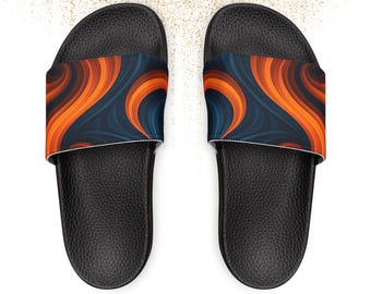Custom Slide Sandals with Abstract Swirl Design Orange Blue Art Pattern Women Summer Comfort Slides Printed Strap