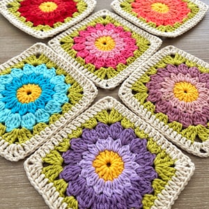以下が含まれることがあります： 赤、オレンジ、ピンク、青、紫の色合いで、中央に花のデザインが施された6つのカラフルなかぎ針編みの正方形。 黄色の中心があります。 花は緑とベージュのかぎ針編みで囲まれています。