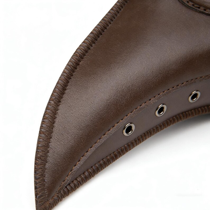 Op de afbeelding: Close-up van een bruin leren pestdoktermasker. Het masker heeft een lange, gebogen snavel met drie kleine, cirkelvormige oogjes. De randen zijn gestikt met een donkerdere bruine draad.