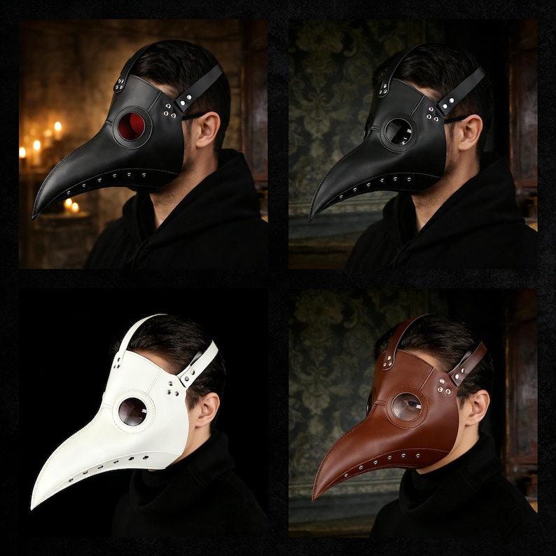 Op de afbeelding: Vier pestdoktermaskers in zwart, wit en bruin leer. Elk masker heeft een lange, gebogen snavel, ooggaten en verstelbare riemen. Het zwarte masker heeft een rode lens, terwijl de andere heldere lenzen hebben. De maskers worden tegen een donkere achtergrond getoond.