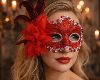 Handcrafted Feather & Flower Masquerade Mask — Venetian Style Costume Mask for Halloween  Party Cosplay  Weddings